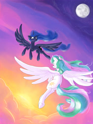 Size: 3750x5000 | Tagged: safe, artist:rocket-lawnchair, artist:sonicontinuum, character:princess celestia, character:princess luna, species:alicorn, species:pony, cloud, duo, evening, featured on derpibooru, female, flying, full moon, high res, mare, missing accessory, moon, night, royal sisters, sisters, sky, smiling, spread wings, stars, sun, wings