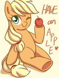 Size: 1080x1440 | Tagged: safe, artist:tastyrainbow, character:applejack, species:earth pony, species:pony, apple, cute, female, food, jackabetes, mare, obligatory apple, one eye closed, simple background, sitting, solo, underhoof, wink, yellow background