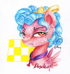 Size: 1024x1078 | Tagged: safe, artist:lailyren, artist:moonlight-ki, character:cozy glow, species:pegasus, species:pony, bow, bust, female, filly, lidded eyes, looking at you, portrait, solo, spread wings, three quarter view, traditional art, wings