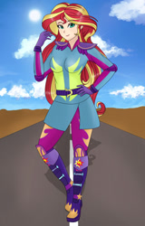 Size: 709x1106 | Tagged: safe, artist:anonix123, character:sunset shimmer, species:human, equestria girls:friendship games, g4, my little pony: equestria girls, my little pony:equestria girls, clothing, female, humanized, looking at you, motorcross outfit, smiling, solo