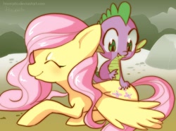 Size: 1134x842 | Tagged: safe, artist:hinoraito, character:fluttershy, character:spike, ship:flutterspike, female, male, rump scritches, shipping, straight