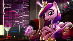 Size: 3840x2160 | Tagged: safe, artist:whiteskyline, character:princess cadance, species:alicorn, species:pony, 3d, butt, city, couch, female, flower, food, glass, lamp, looking at you, lying down, pipe (plumbing), plot, pocky, presenting, rose, solo, source filmmaker, wallpaper, window, wine glass