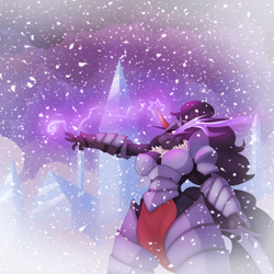 Size: 3000x3000 | Tagged: safe, artist:limebreaker, character:king sombra, species:anthro, species:pony, species:unicorn, armor, breasts, busty queen umbra, female, loincloth, magic, queen umbra, rule 63, snow, snowfall, solo, sombra eyes, sword, weapon