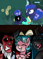 Size: 1260x1700 | Tagged: safe, artist:poecillia-gracilis19, edit, edited screencap, screencap, character:cozy glow, character:lord tirek, character:princess luna, character:queen chrysalis, species:alicorn, species:centaur, species:changeling, species:pegasus, species:pony, episode:between dark and dawn, episode:frenemies, g4, my little pony: friendship is magic, adorabolical, bow, burrs, butt, cartoonito logo, changeling queen, cozybetes, cute, cutealis, evil grin, evil laugh, eyes closed, female, filly, foal, freckles, grin, hair bow, hair bun, laughing, magic, magic aura, male, mare, moonbutt, nose piercing, nose ring, open mouth, piercing, plot, smiling, tail bun, telekinesis, tirebetes