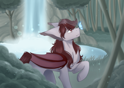 Size: 3507x2480 | Tagged: safe, artist:shadow-nights, oc, oc only, oc:scarlet quill, species:bat pony, species:pony, bat pony oc, butterfly, commission, female, mare, raised hoof, smiling, solo, waterfall, ych result