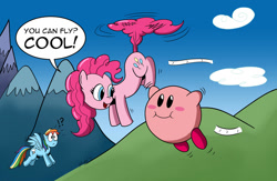 Size: 1280x834 | Tagged: safe, artist:cartoon-eric, character:pinkie pie, character:rainbow dash, crossover, flying, kirby, kirby (character), mountain, nintendo, pinkie being pinkie, pinkie physics, signature, tailcopter