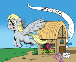 Size: 900x729 | Tagged: safe, artist:cartoon-eric, character:derpy hooves, species:pegasus, species:pony, crash, flying, house, signature, whoops