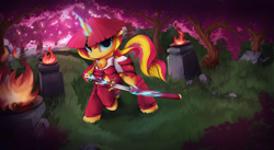 Size: 4200x2300 | Tagged: safe, artist:hitbass, character:sunset shimmer, species:pony, brazier, cherry blossoms, female, fire, flower, flower blossom, katana, mare, samurai, smiling, solo, sword, weapon