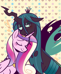 Size: 1161x1400 | Tagged: safe, artist:waackery, character:princess cadance, character:queen chrysalis, species:alicorn, species:changeling, species:pony, ship:cadalis, blushing, changeling queen, eyes closed, fangs, female, floppy ears, heart, hug, infidelity, lesbian, lidded eyes, mare, peytral, regalia, shipping, smiling, spread wings, wings