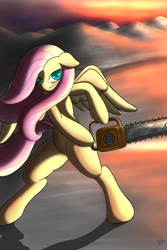 Size: 1200x1800 | Tagged: safe, artist:derpx1, character:fluttershy, .mov, bipedal, chainsaw, female, fluttershed, semi-anthro, shed.mov, solo
