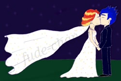 Size: 1000x666 | Tagged: safe, artist:fude-chan-art, character:flash sentry, character:sunset shimmer, ship:flashimmer, my little pony:equestria girls, bride, clothing, dress, female, groom, kissing, male, marriage, shipping, straight, wedding, wedding dress, wedding night, wedding veil