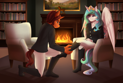 Size: 3548x2400 | Tagged: safe, artist:fairdahlia, character:princess celestia, oc, species:alicorn, species:anthro, species:plantigrade anthro, species:pony, species:unicorn, book, bookshelf, boots, chair, clothing, couch, crossed legs, equestrian, female, fire, fireplace, glasses, human feet, jacket, kneeling, looking down, male, mare, pants, shoes, sitting, stallion