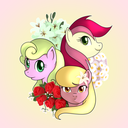 Size: 900x900 | Tagged: safe, artist:marikaefer, character:daisy, character:lily, character:lily valley, character:roseluck, species:pony, daisy (flower), flower, flower trio, lily (flower), rose