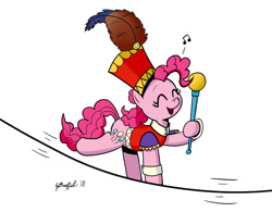 Size: 1024x800 | Tagged: safe, artist:cartoon-eric, character:pinkie pie, a hat in time, clothing, cosplay, costume, crossover, cute, diapinkes, eyes closed, female, hoof hold, open mouth, signature, solo, tightrope