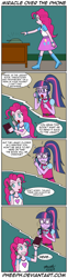 Size: 527x2133 | Tagged: safe, artist:pheeph, character:pinkie pie, character:twilight sparkle, character:twilight sparkle (scitwi), species:eqg human, old master q, my little pony:equestria girls, book, call, comic, fourth wall destruction, library, miracle, parody, phone, wat