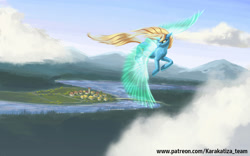 Size: 1440x900 | Tagged: safe, artist:kirillk, oc, oc only, oc:art's desire, species:pony, species:unicorn, artificial wings, augmented, cloud, flying, magic, magic wings, river, scenery, solo, spread wings, town, wings