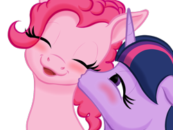 Size: 1024x768 | Tagged: safe, artist:vasillium, character:pinkie pie, character:twilight sparkle, character:twilight sparkle (unicorn), species:earth pony, species:pony, species:unicorn, ship:twinkie, bedroom eyes, blushing, cute, diapinkes, eyelashes, eyes closed, female, happy, horn, kiss on the cheek, kissing, lesbian, love, mare, nostrils, open mouth, romance, romantic, shipping, simple background, smiling, transparent background, twiabetes
