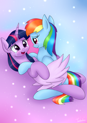 Size: 2480x3507 | Tagged: safe, artist:twidasher, character:rainbow dash, character:twilight sparkle, character:twilight sparkle (alicorn), species:alicorn, species:pegasus, species:pony, ship:twidash, female, lesbian, looking up, mare, shipping, smiling