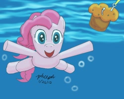 Size: 1000x800 | Tagged: safe, artist:pheeph, character:pinkie pie, album cover, muffin, nirvana, parody, ponified, ponified album cover, swimming, weird al yankovic