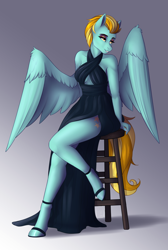 Size: 1976x2936 | Tagged: safe, artist:fairdahlia, character:lightning dust, species:anthro, species:pegasus, species:pony, species:unguligrade anthro, bare shoulders, breasts, clothing, commission, dress, eyeshadow, female, halter, lidded eyes, makeup, mare, sexy, short hair, sitting, solo, stool, wing fluff