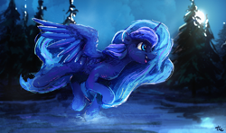 Size: 4301x2543 | Tagged: safe, artist:thefloatingtree, character:princess luna, species:alicorn, species:pony, g4, absurd file size, female, forest, mare, moon, night, scenery, solo, water