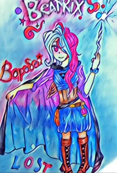 Size: 975x1440 | Tagged: safe, artist:starwantrix, character:trixie, species:human, cape, clothing, female, humanized, magic wand, solo, traditional art