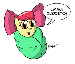 Size: 900x767 | Tagged: safe, artist:cartoon-eric, character:apple bloom, species:earth pony, species:pony, adorabloom, blanket burrito, bow, cute, female, filly, hair bow, signature, solo, speech, weapons-grade cute, wrapped up