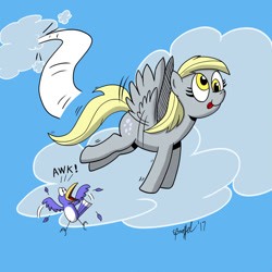 Size: 900x901 | Tagged: safe, artist:cartoon-eric, character:derpy hooves, species:bird, cloud, cross-eyed, flying, sky