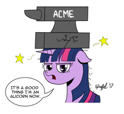 Size: 1024x941 | Tagged: safe, artist:cartoon-eric, character:twilight sparkle, character:twilight sparkle (alicorn), species:alicorn, species:pony, abuse, acme, anvil, cartoon violence, cracked, dialogue, female, pain star, simple background, solo, speech bubble, stars, twilight is not amused, twilybuse, unamused, white background