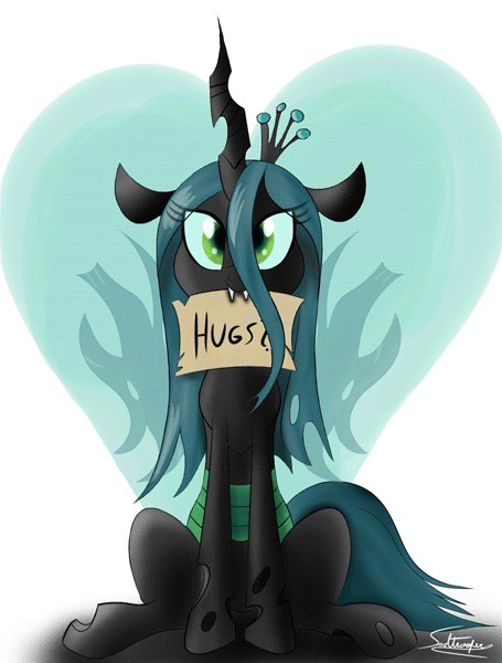 Size: 455x600 | Tagged: safe, artist:sadtrooper, artist:szafir87, character:queen chrysalis, species:changeling, animated, bronybait, changeling queen, crown, cute, cutealis, eye clipping through hair, female, gif, heart, hug request, hugs 4 bugs, hugs?, jewelry, mouth hold, quadrupedal, regalia, signature, sitting, solo, wing flap