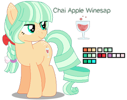 Size: 454x356 | Tagged: safe, artist:awoomarblesoda, base used, oc, oc:chai winesap, parent:applejack, parent:coco pommel, species:earth pony, species:pony, butt freckles, color palette, female, freckles, magical lesbian spawn, mare, offspring, reference sheet, simple background, solo, transparent background