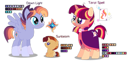 Size: 917x453 | Tagged: safe, artist:awoomarblesoda, base used, oc, oc only, oc:dawn light, oc:sunbeam, oc:tarot spell, parent:sunburst, parent:twilight sparkle, parents:twiburst, species:pegasus, species:pony, species:unicorn, baby, baby pony, cloak, clothing, female, glasses, male, mare, offspring, reference sheet, simple background, stallion, transparent background