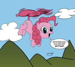 Size: 900x803 | Tagged: safe, artist:cartoon-eric, character:pinkie pie, species:earth pony, species:pony, cloud, female, flying, mare, mountain, mountain range, pinkie being pinkie, pinkie physics, pinkiecopter, sky, tailcopter, talking to viewer