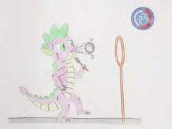 Size: 3264x2448 | Tagged: safe, artist:don2602, character:spike, species:dragon, blowing, blowing bubbles, bubble, hoop, male, minute to win it, nervous, semi full-grown, solo, sweat, sweating profusely, timer, traditional art