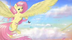 Size: 4800x2700 | Tagged: safe, artist:maneingreen, character:fluttershy, species:pegasus, species:pony, blushing, butterfly, cloud, female, rainbow, sky, solo, spread wings, wings