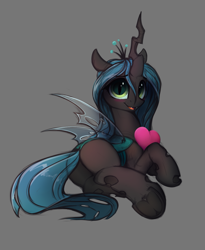 Size: 1473x1797 | Tagged: safe, artist:hitbass, character:queen chrysalis, species:changeling, g4, blushing, bugbutt, butt, changeling queen, cute, cutealis, eyebrows, eyebrows visible through hair, female, frog (hoof), gray background, heart, heart pillow, looking at you, on side, open mouth, pillow, plot, simple background, smiling, solo, underhoof