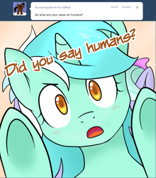 Size: 751x852 | Tagged: safe, artist:marikaefer, character:cloudchaser, character:flitter, character:lyra heartstrings, species:pony, :o, ask, ask flitter and cloudchaser, blushing, bust, colored pupils, cute, fourth wall, fourth wall pose, humie, looking at you, lyrabetes, open mouth, portrait, that pony sure does love humans, tumblr, underhoof, wide eyes