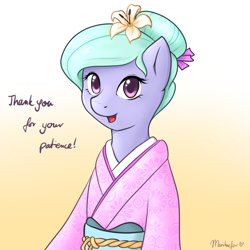 Size: 1000x1000 | Tagged: safe, artist:marikaefer, character:flitter, species:pony, alternate hairstyle, ask flitter and cloudchaser, clothing, female, kimono (clothing), solo
