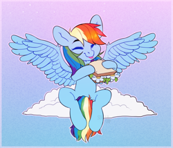 Size: 1680x1440 | Tagged: safe, artist:sugarstar, character:rainbow dash, species:pegasus, species:pony, big ears, cloud, cute, daffodil and daisy sandwich, dashabetes, eyes closed, female, food, herbivore, mare, sandwich, simple background, sitting, smiling, solo, tongue out, wings
