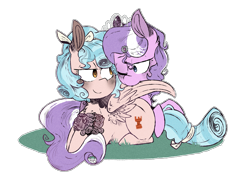 Size: 1915x1415 | Tagged: safe, artist:urbanqhoul, character:cozy glow, character:diamond tiara, species:pony, ship:diamondglow, bow, commission, cozybetes, crack shipping, cute, diamondbetes, duo, female, grass, jewelry, lesbian, preening, shipping, simple background, tiara, white background