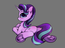 Size: 2149x1603 | Tagged: safe, artist:hitbass, character:starlight glimmer, species:pony, species:unicorn, blushing, butt, chest fluff, cute, ear fluff, female, frog (hoof), glimmerbetes, gray background, hoofbutt, leg fluff, looking at you, looking back, looking back at you, mare, plot, profile, prone, rear view, simple background, smiling, solo, underhoof
