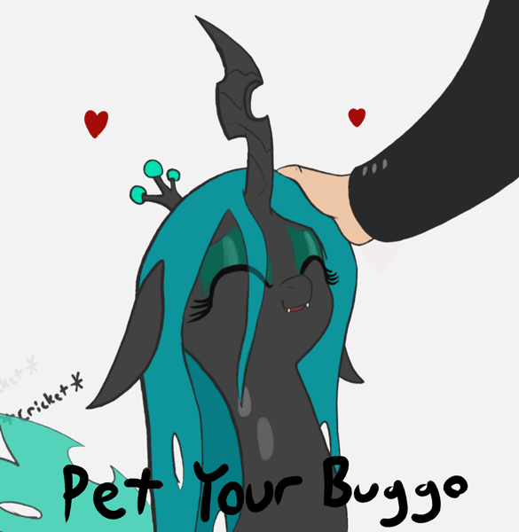 Size: 585x600 | Tagged: safe, artist:szafir87, artist:t72b, character:queen chrysalis, species:changeling, species:human, animated, buggo, bugs doing bug things, changeling queen, chirping, cute, cute bug noises, cutealis, dawwww, eye clipping through hair, female, gif, gray background, hand, heart, offscreen character, offscreen human, onomatopoeia, petting, quadrupedal, simple background, solo focus, tail wag, weapons-grade cute, wing flap