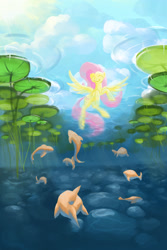 Size: 2000x3000 | Tagged: safe, artist:rocket-lawnchair, character:fluttershy, species:pegasus, species:pony, cute, female, fish, flying, shyabetes, underwater, watershy