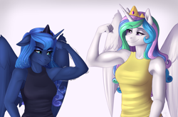 Size: 1914x1261 | Tagged: safe, artist:fairdahlia, character:princess celestia, character:princess luna, species:alicorn, species:anthro, species:pony, armpits, clothing, duo, female, flexing, mare, muscles, princess musclestia, royal sisters, sibling rivalry, siblings, simple background, sisters, smiling, tank top, trembling, vein, white background