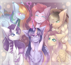 Size: 2622x2390 | Tagged: safe, artist:shadow-nights, character:applejack, character:fluttershy, character:pinkie pie, character:rainbow dash, character:rarity, character:twilight sparkle, character:twilight sparkle (alicorn), species:alicorn, species:earth pony, species:pegasus, species:pony, species:unicorn, big ears, female, heart, mane six, mare, smiling