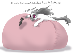 Size: 1600x1200 | Tagged: safe, artist:causticeichor, oc, oc only, oc:inkenel, oc:oretha, species:earth pony, species:pony, beanbag chair, giant pony, it was at this moment that he knew he fucked up, it was at this moment that she knew she fucked up, macro, micro, rough housing, shocked, simple background, size difference, smiling, text, tiny, tiny earth pony, tiny ponies, vulgar, white background