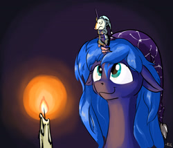 Size: 2800x2400 | Tagged: safe, artist:rocket-lawnchair, character:princess luna, character:tiberius, species:alicorn, species:pony, g4, bad dream, candle, clothing, female, floppy ears, frightened, hat, mare, nightcap, opossum