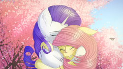 Size: 4800x2700 | Tagged: safe, artist:maneingreen, character:fluttershy, character:rarity, species:pegasus, species:pony, species:unicorn, ship:rarishy, butterfly, cherry blossoms, chest fluff, comforting, female, flower, flower blossom, hug, lesbian, mare, shipping