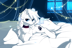 Size: 1500x1000 | Tagged: safe, artist:heddopen, oc, oc only, oc:loulou, species:earth pony, species:pony, bed, bedroom eyes, cheek fluff, chest fluff, cute, ear fluff, female, flower, fluffy tail, jewelry, looking at you, lying down, mare, necklace, night, pillow, pure white, solo, window