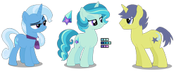 Size: 1069x451 | Tagged: safe, artist:awoomarblesoda, base used, character:comet tail, character:trixie, oc, oc:starry aura, parent:comet tail, parent:trixie, species:pony, species:unicorn, female, mare, offspring, simple background, transparent background